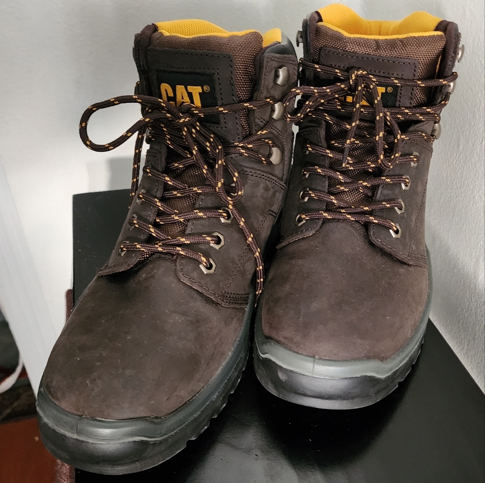 Caterpillar Men's Dark Brown Boots with Yellow Accents